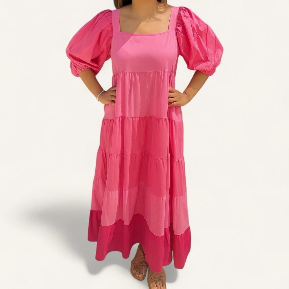 VICTORIA DUNN Valentine‎ Maxi Dress Tiered Pink Colorblock Puff Sleeve Sz S
